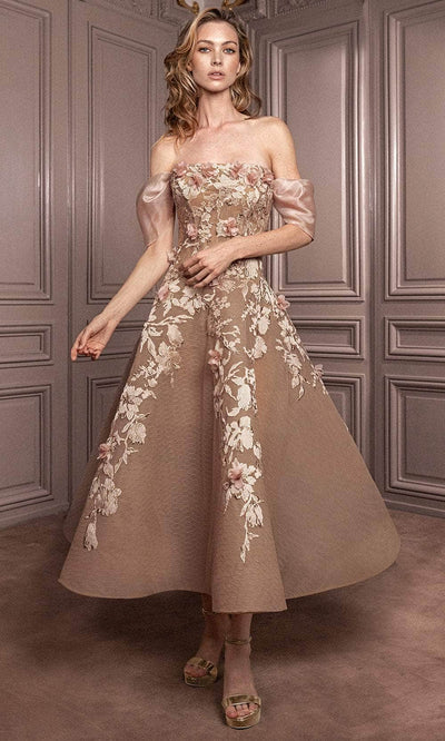 Gatti Nolli Couture GA-7079 - Floral Applique Cocktail Dress Cocktail Dresses 0 / Pink & Taupe