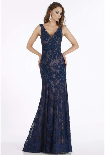 Gia Franco - 12007 Adorned Floral Lace Trumpet Gown Special Occasion Dress 8 / Navy