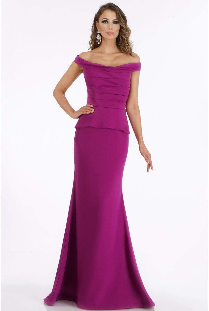 Gia Franco - 12012 Pleated Off-Shoulder Trumpet Dress With Train Special Occasion Dress 4 / Magenta