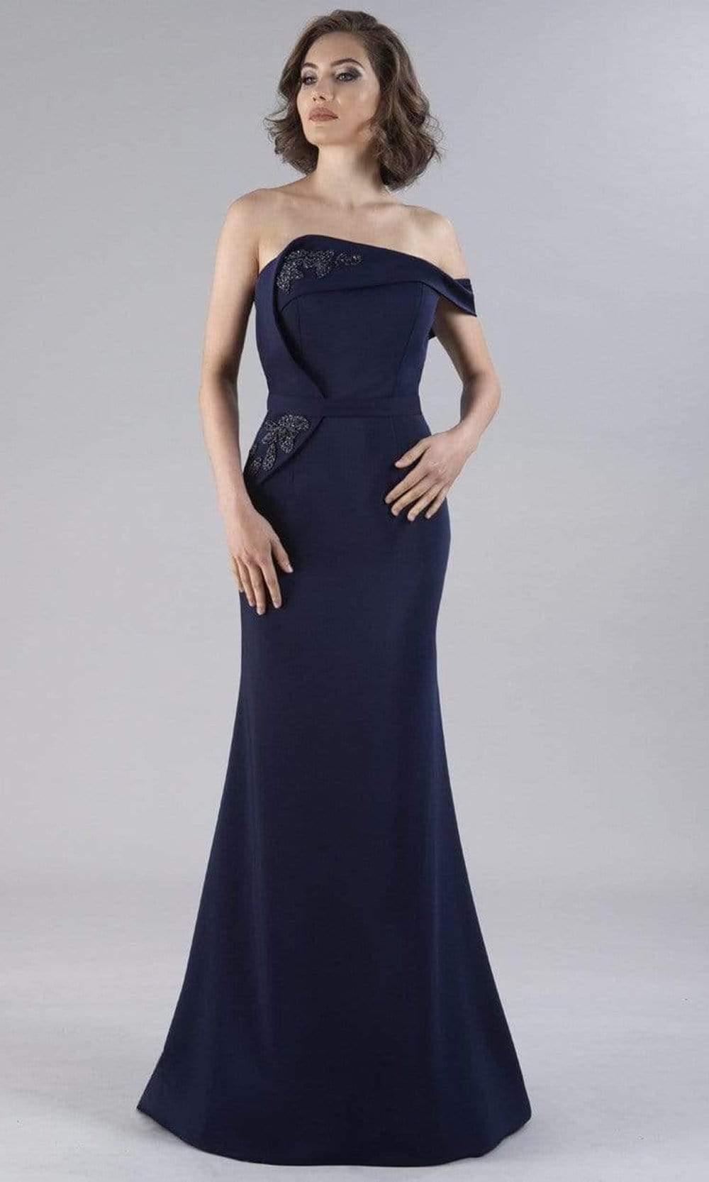 Gia Franco - 12107 Off Shoulder Beaded Evening Gown Evening Dresses 6 / Navy