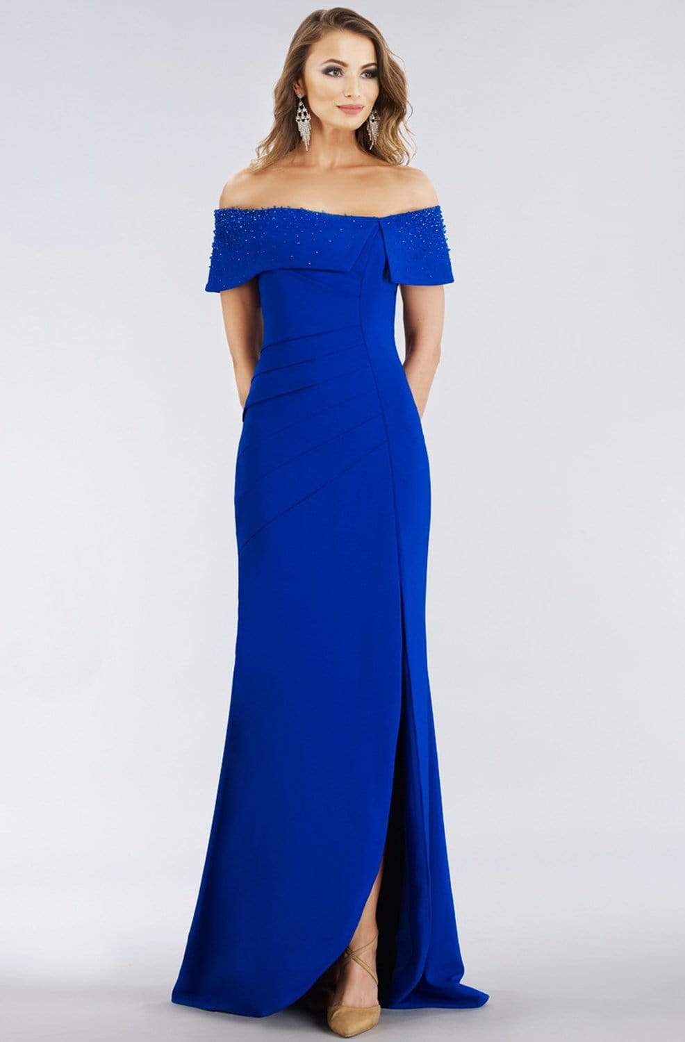Gia Franco - 12956 Off-Shoulder Sheath Dress with Slit Evening Dresses 8 / Royal