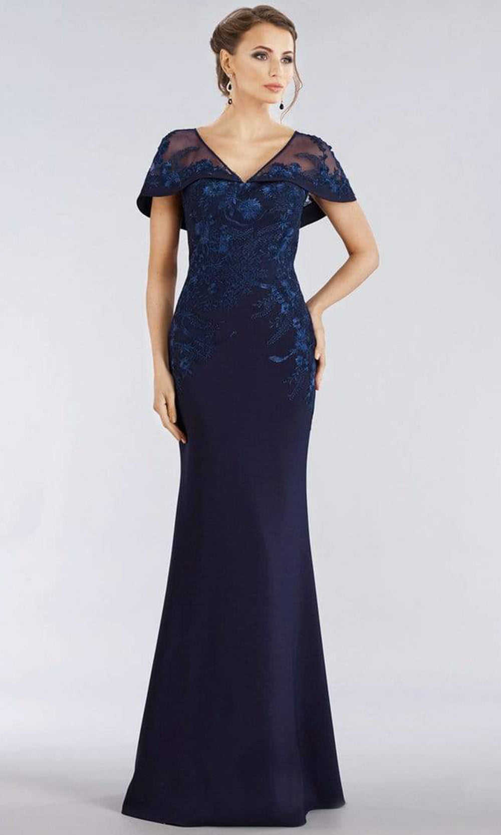 Gia Franco - Floral Embroidered Cape Sleeve Mermaid Gown 12955 - 1 pc Wine In Size 16 Available CCSALE 16 / Navy