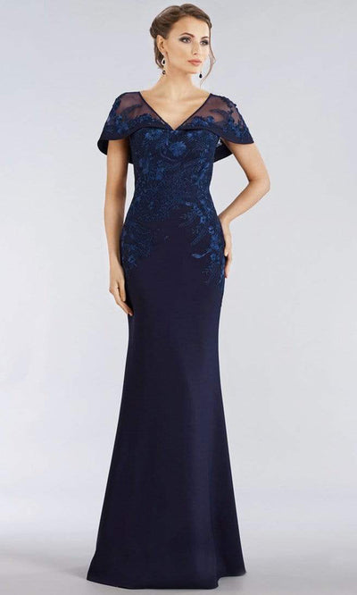 Gia Franco - Floral Embroidered Cape Sleeve Mermaid Gown 12955 - 1 pc Wine In Size 16 Available CCSALE 16 / Navy