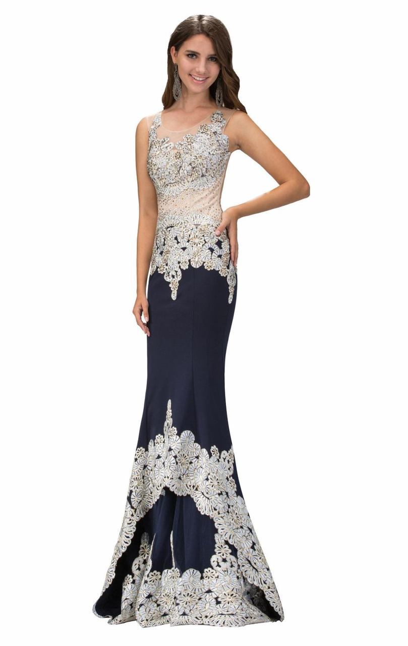 Elizabeth K GL1342- Embellished Lace Applique Scoop Dress