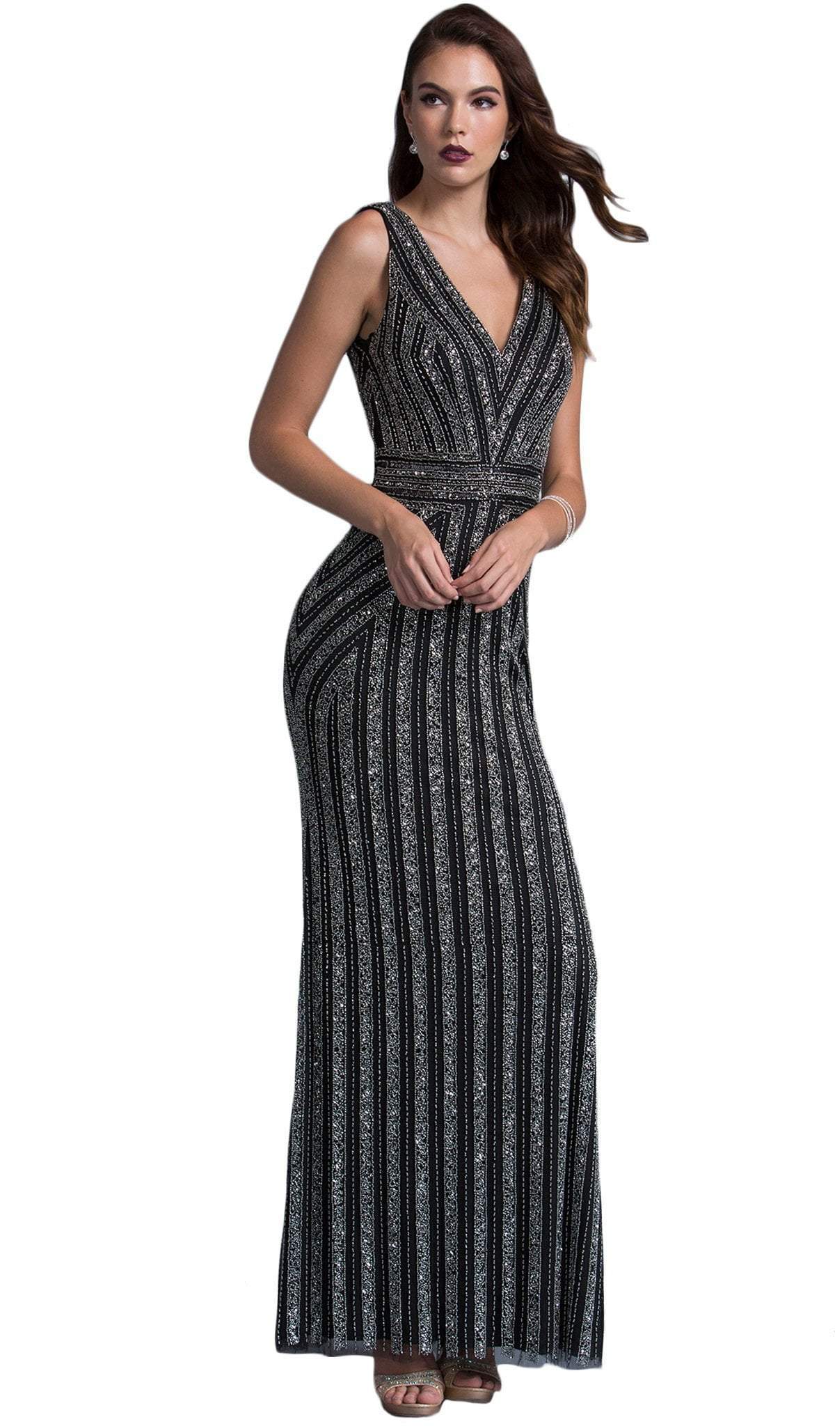 Glittering V-neck Sheath Prom Dress Dress XXS / Black Silver