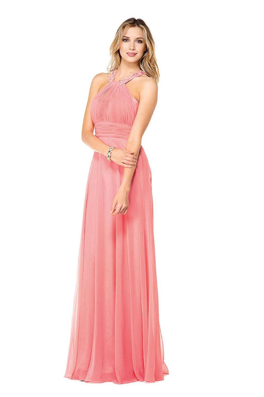 Glow by Colors - G183 Gem Beaded Halter Chiffon Evening Dress Special Occasion Dress 4 / Blush