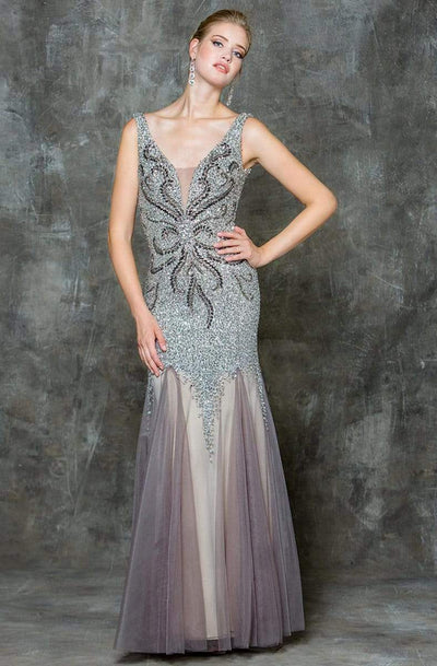 Glow by Colors - G697 Beaded Mesh Mermaid Evening Gown Special Occasion Dress 2 / Silver & Nude