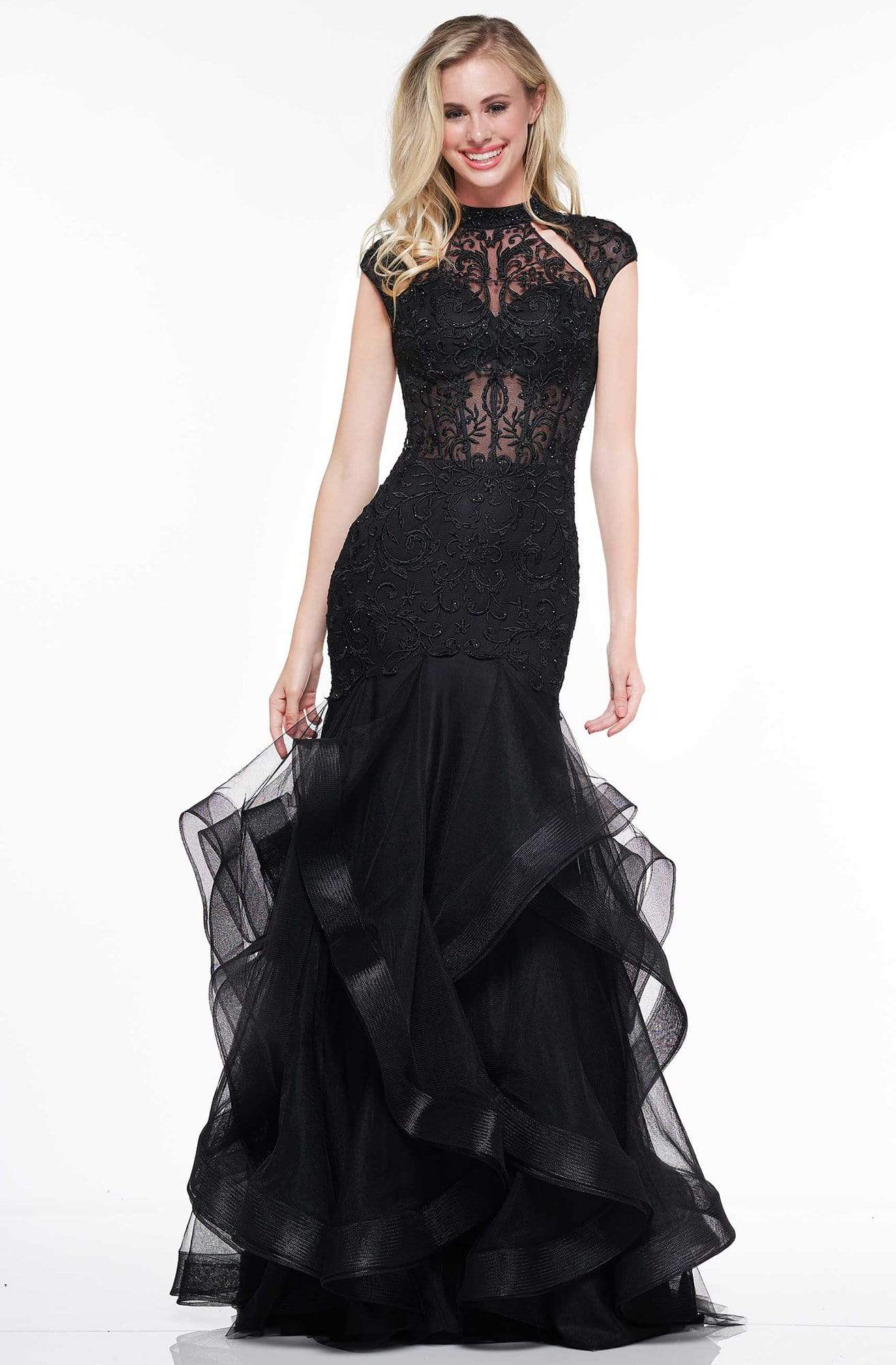 Glow by Colors - G842 High Neck Ruffled Trumpet Dress Evening Dresses 0 / Black