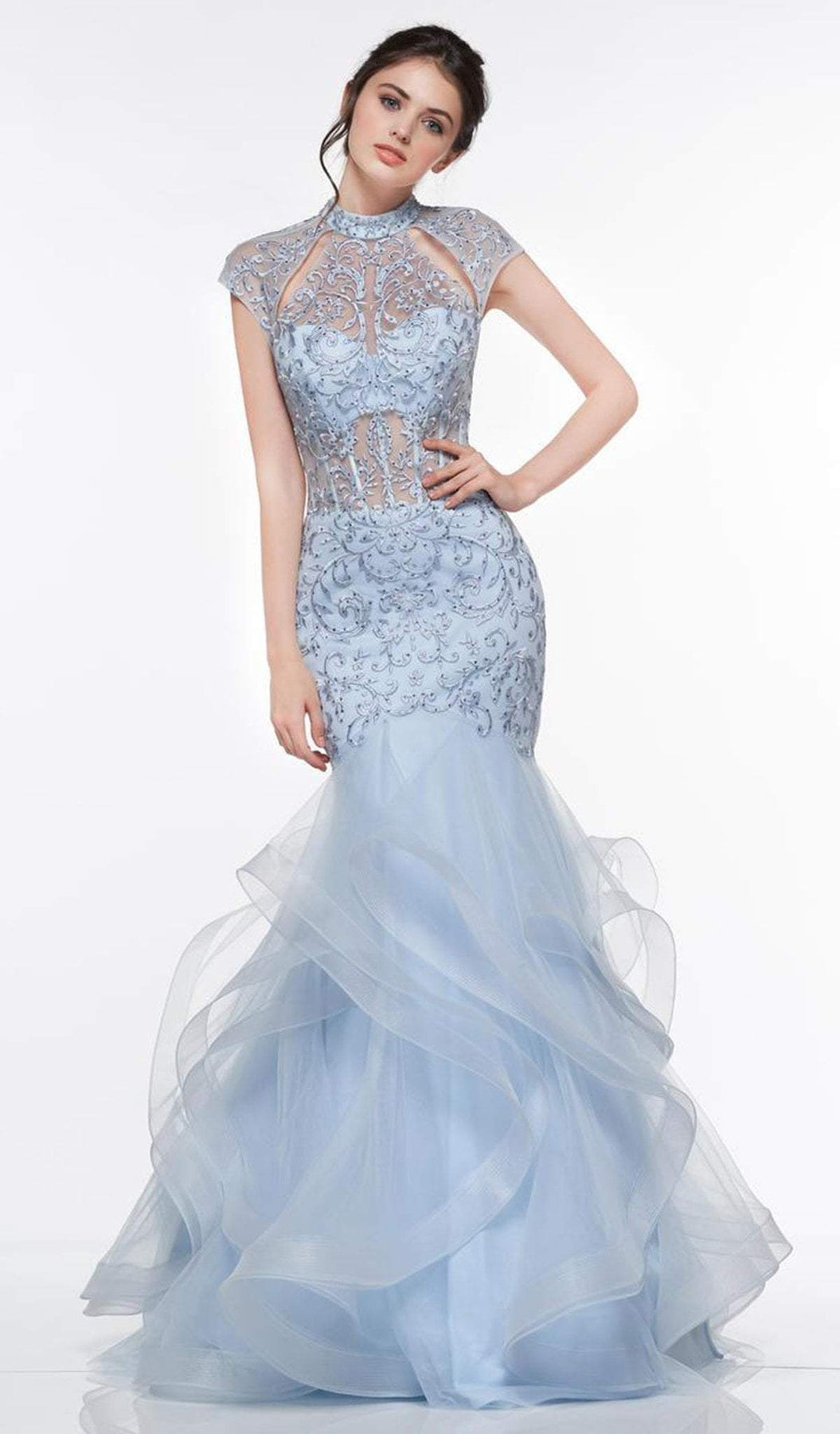 Glow by Colors - G842 High Neck Ruffled Trumpet Dress Evening Dresses 0 / Light Blue