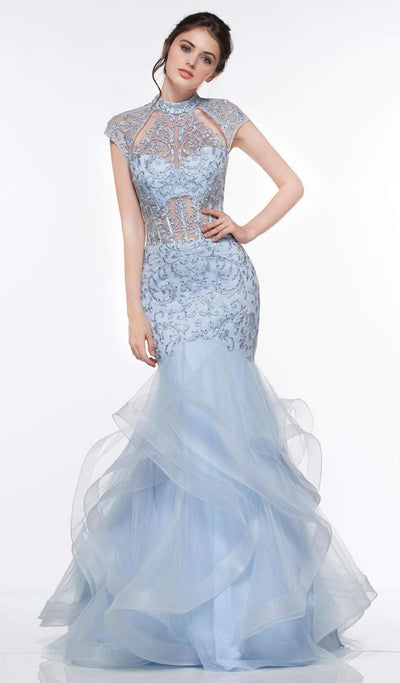 Glow by Colors - G842 High Neck Ruffled Trumpet Dress Evening Dresses 0 / Light Blue