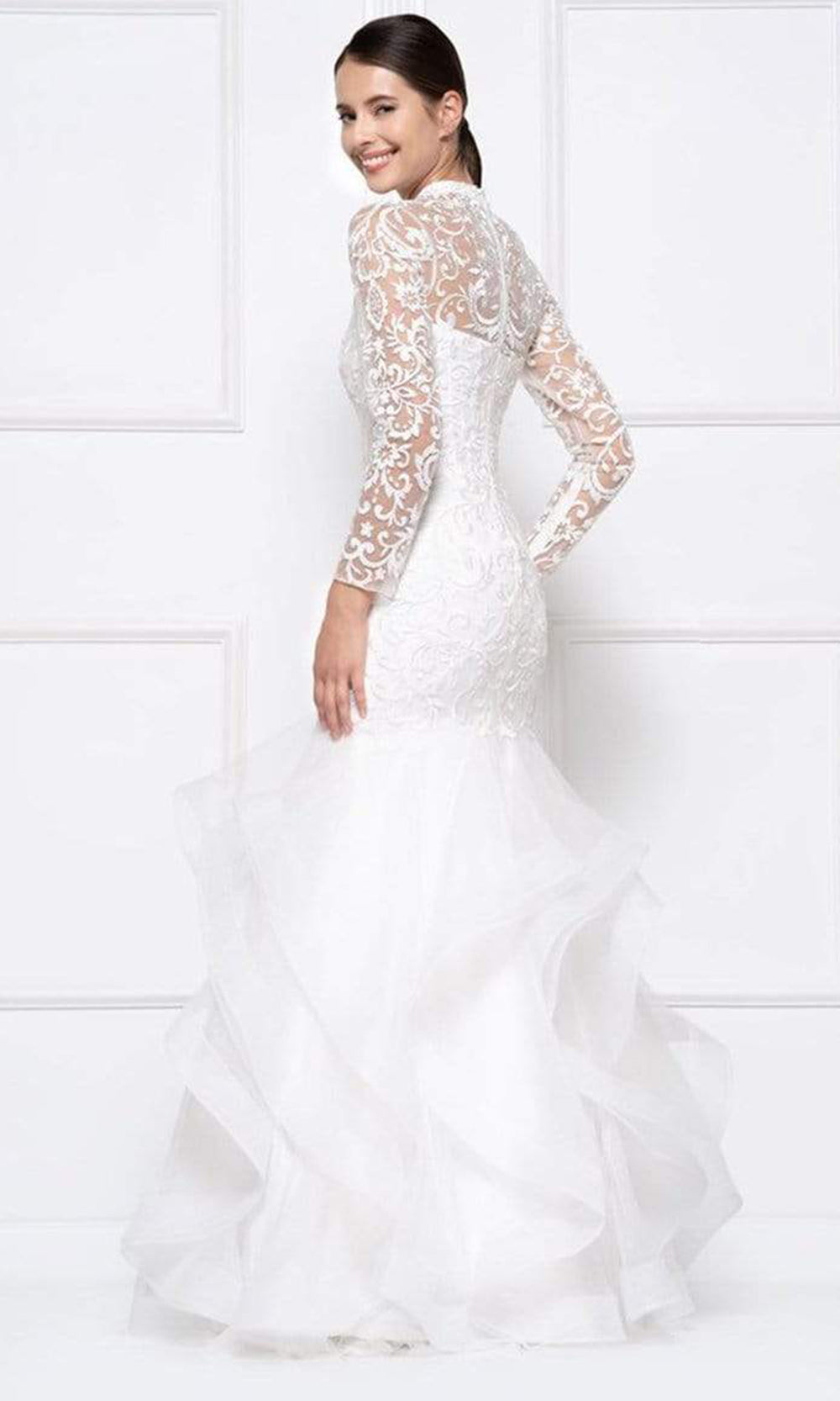 Glow Dress - G842SL High Neckline Lace Long Sleeves Ruffled Trumpet Dress - 1 pc Off White In Size 8 Available CCSALE 8 / Off White