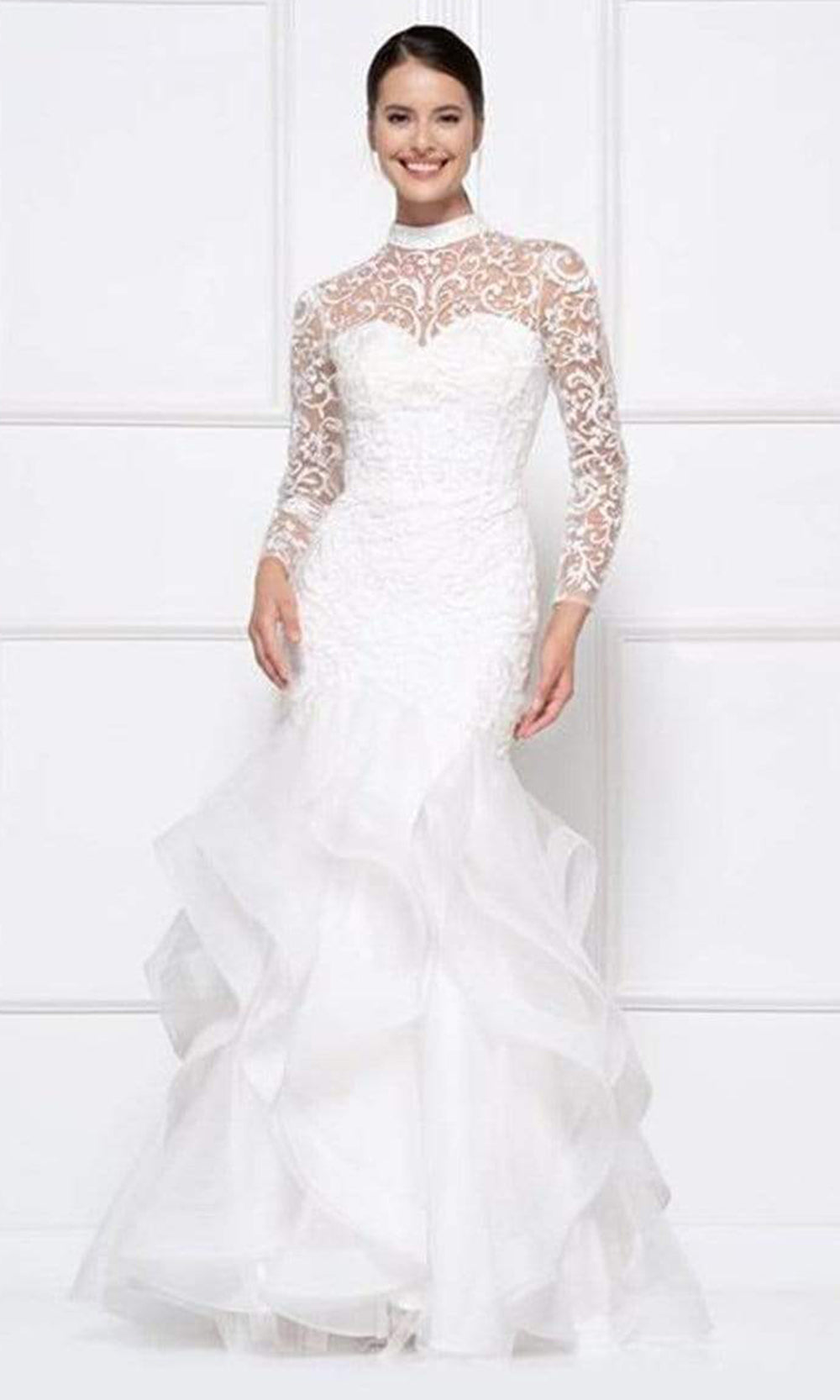 Glow Dress - G842SL High Neckline Lace Long Sleeves Ruffled Trumpet Dress - 1 pc Off White In Size 8 Available CCSALE 8 / Off White