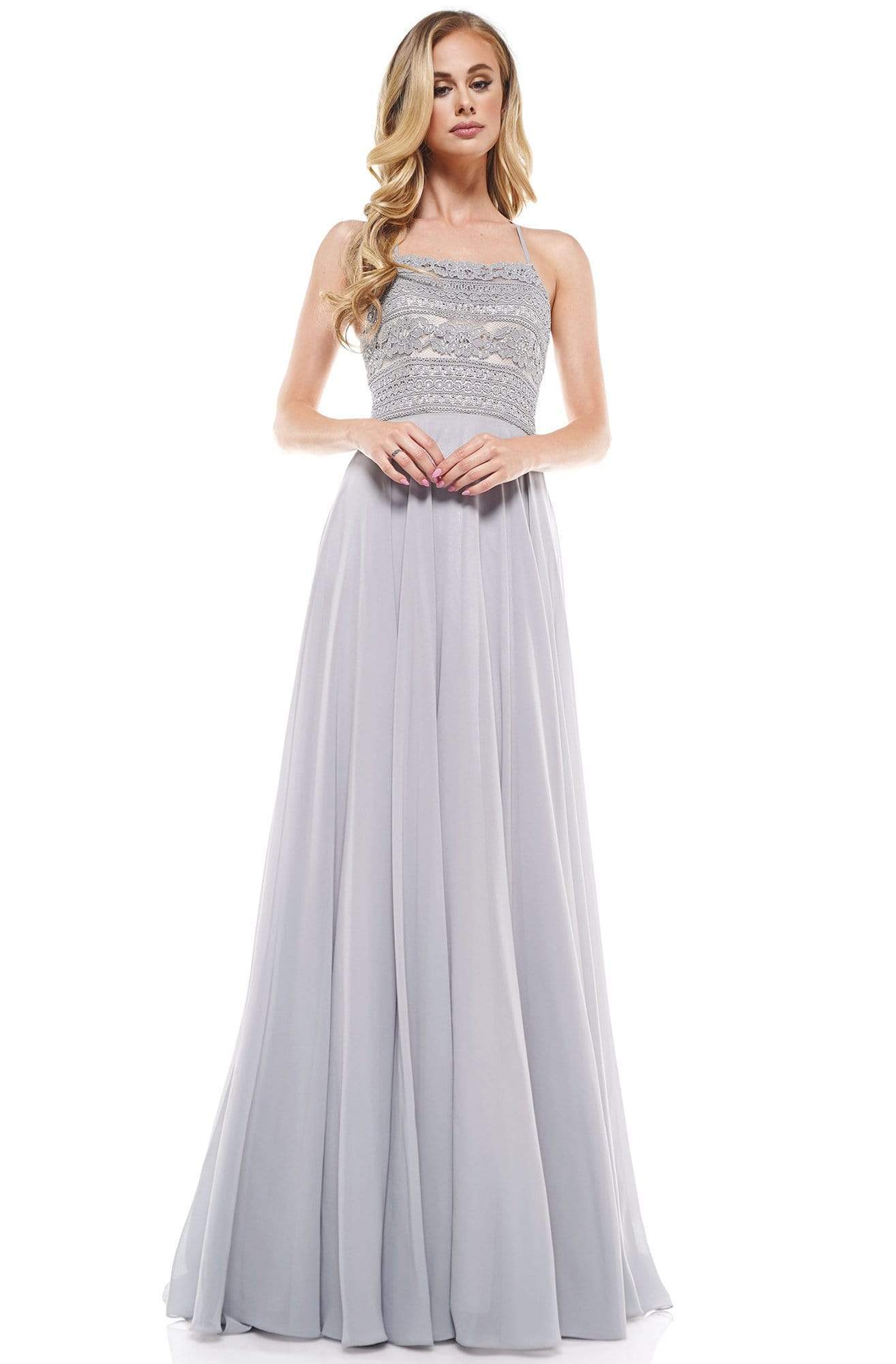 Glow Dress - G889 Strappy Sleeveless Lace Top Chiffon A-Line Gown Prom Dresses 0 / Grey
