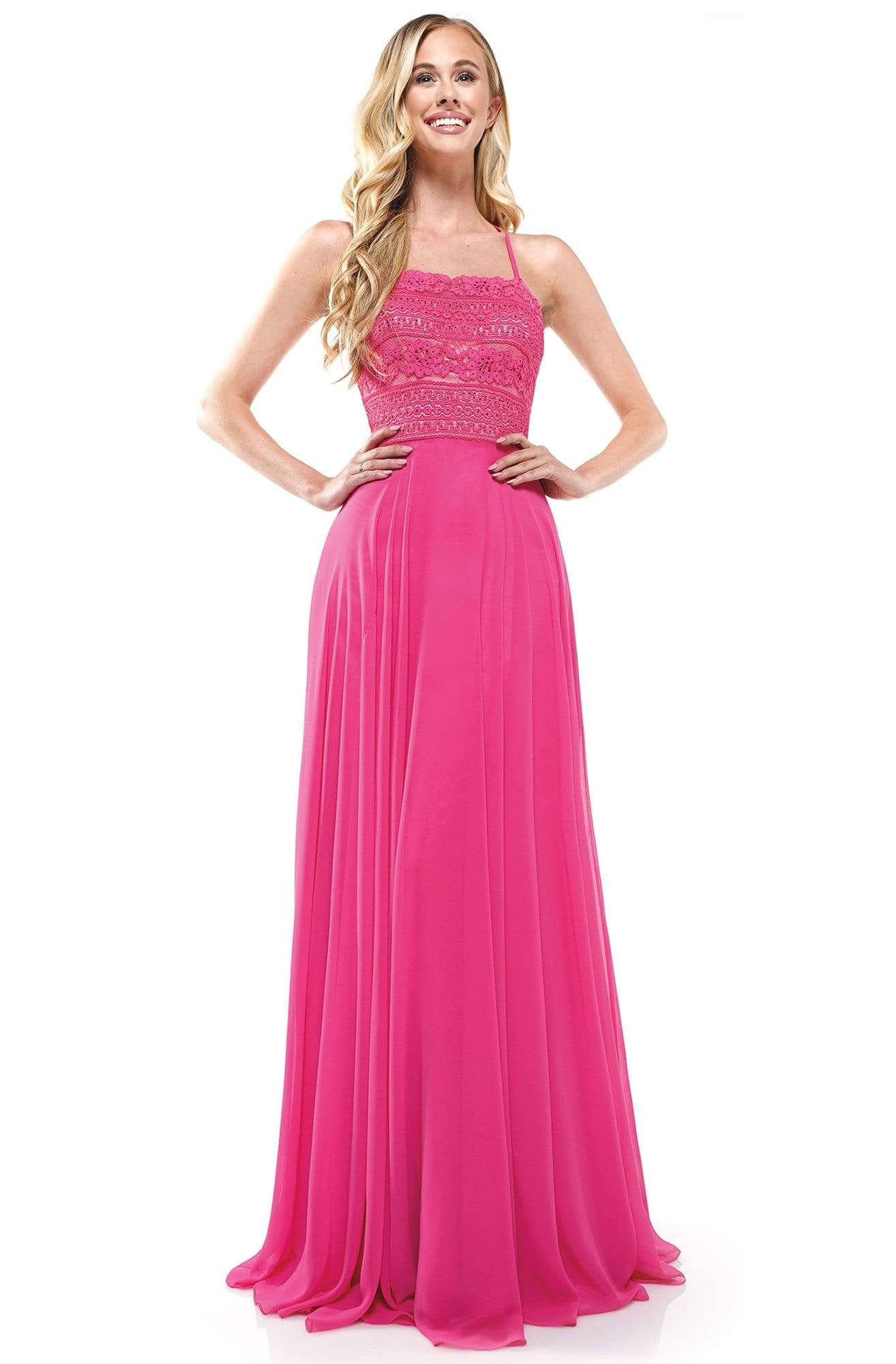 Glow Dress - G889 Strappy Sleeveless Lace Top Chiffon A-Line Gown Prom Dresses 0 / Hot Pink