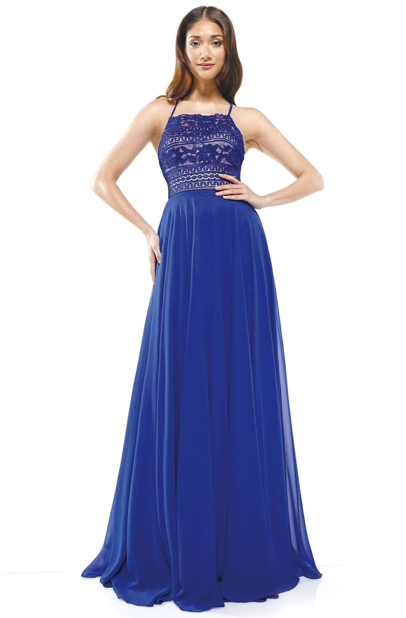Glow Dress - G889 Strappy Sleeveless Lace Top Chiffon A-Line Gown Prom Dresses 0 / Royal