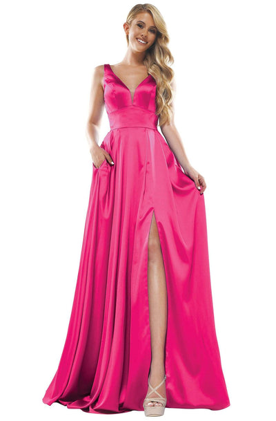 Glow Dress - G904 Deep V-Neck Satin A-Line Gown Prom Dresses 2 / Hot Pink