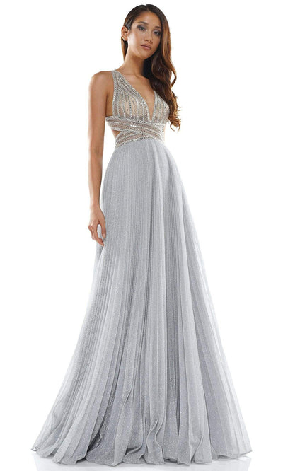 Glow Dress - Metallic Crisscross Ornate Long Gown G941SC In Silver