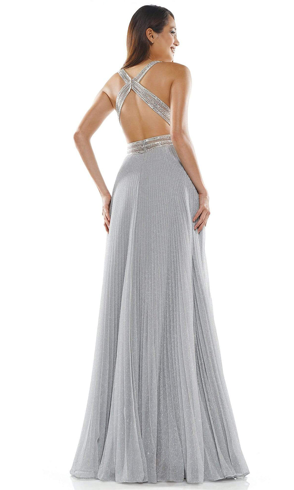Glow Dress - Metallic Crisscross Ornate Long Gown G941SC In Silver