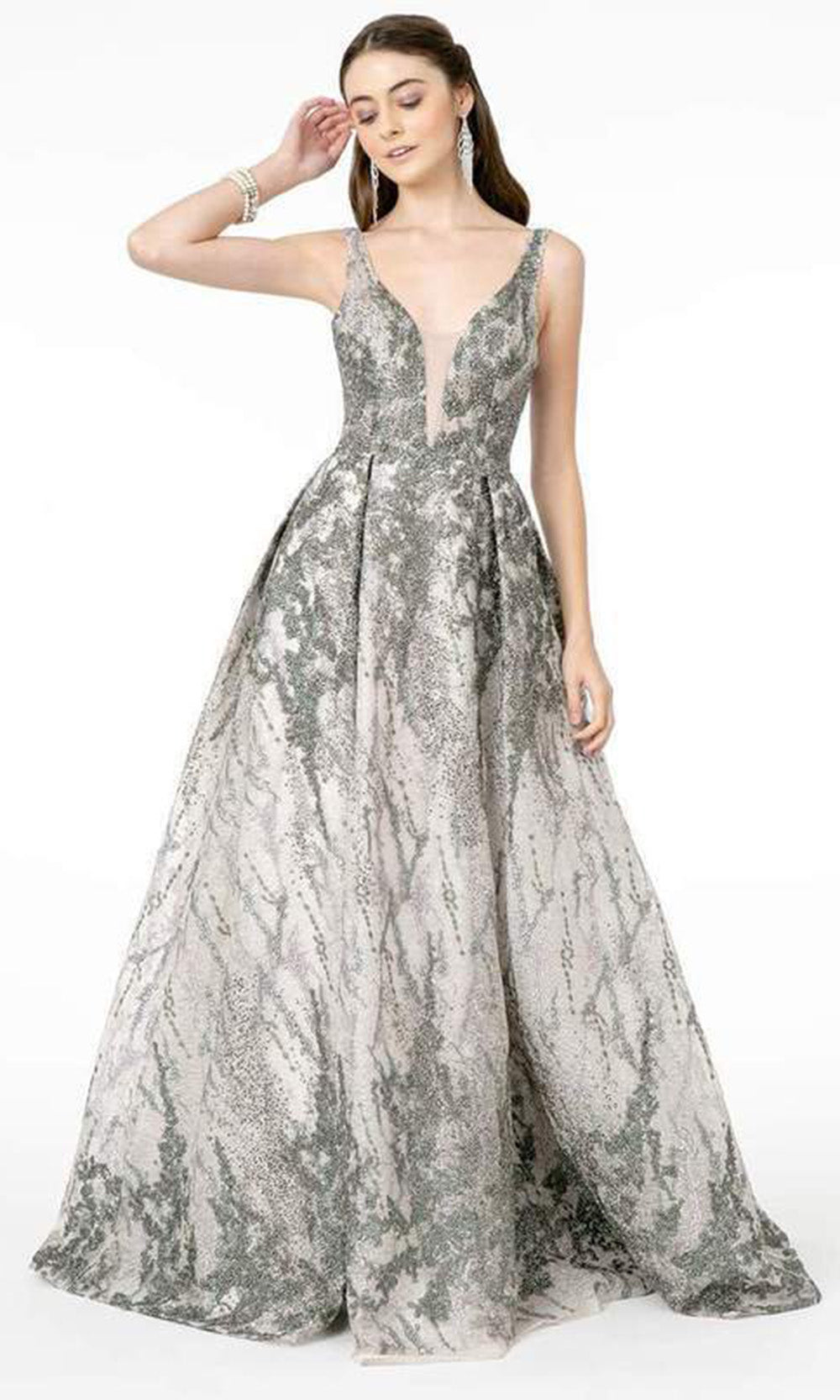 GLS by Gloria - Embellished Deep V-Neck Pleated A-Line Dress In Silver