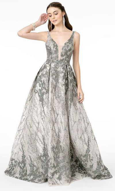 GLS by Gloria - Embellished Deep V-Neck Pleated A-Line Dress In Silver