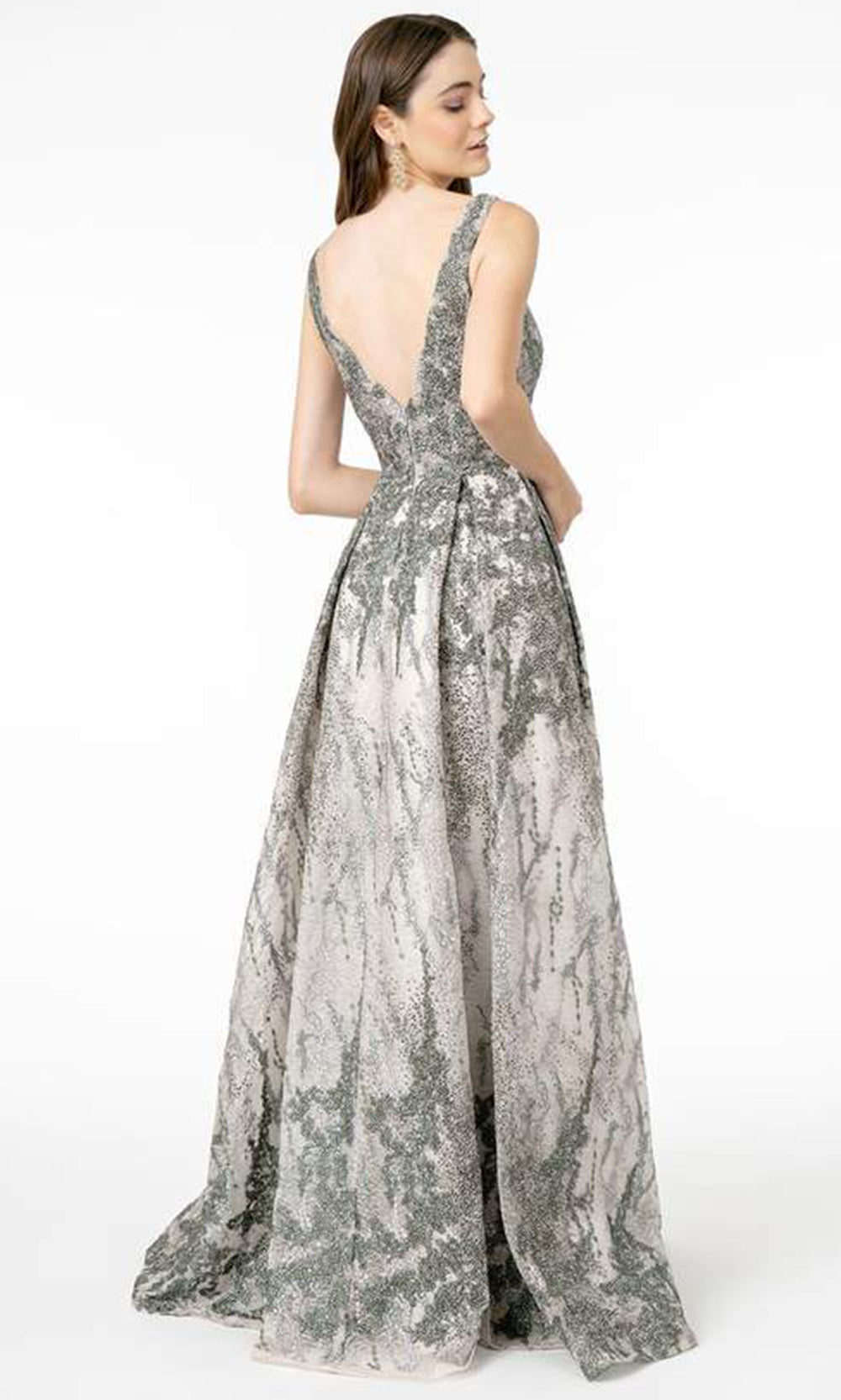 GLS by Gloria - Embellished Deep V-Neck Pleated A-Line Dress In Silver