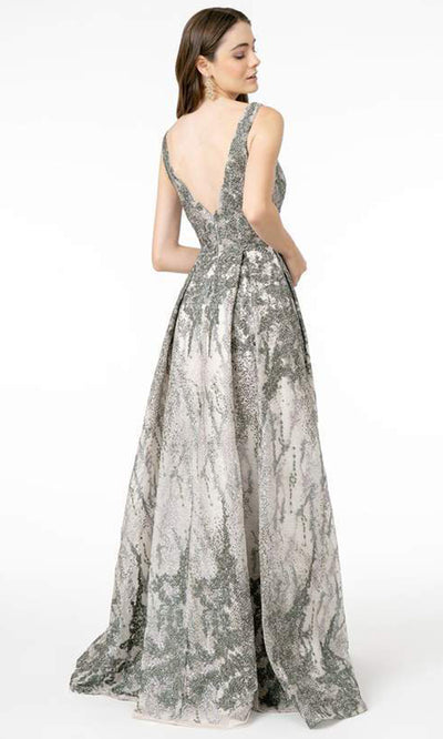 GLS by Gloria - Embellished Deep V-Neck Pleated A-Line Dress In Silver