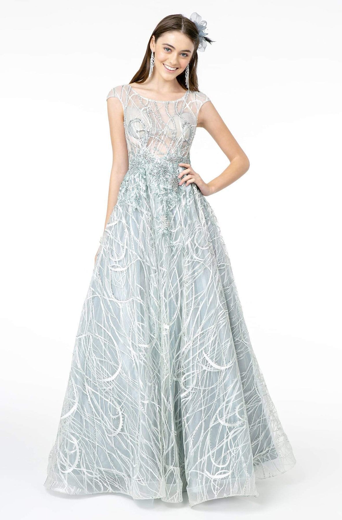 GLS by Gloria - GL2890 Illusion Cap Sleeve Embroidered A-Line Gown Prom Dresses XS / Silver