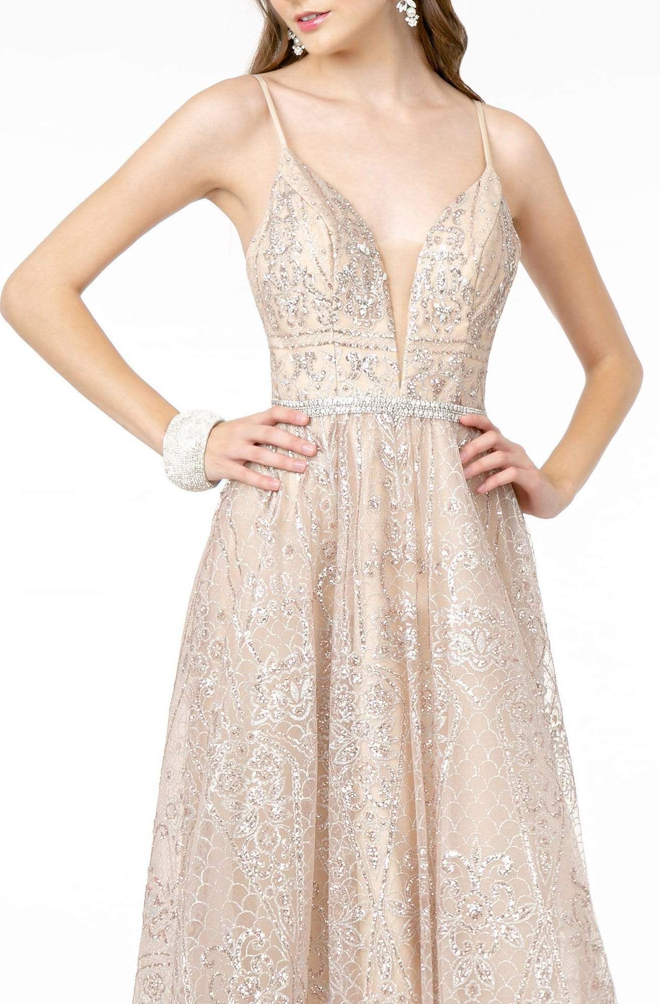 GLS by Gloria - GL2915 Deep V-Neck Glitter Mesh A-Line Dress Prom Dresses