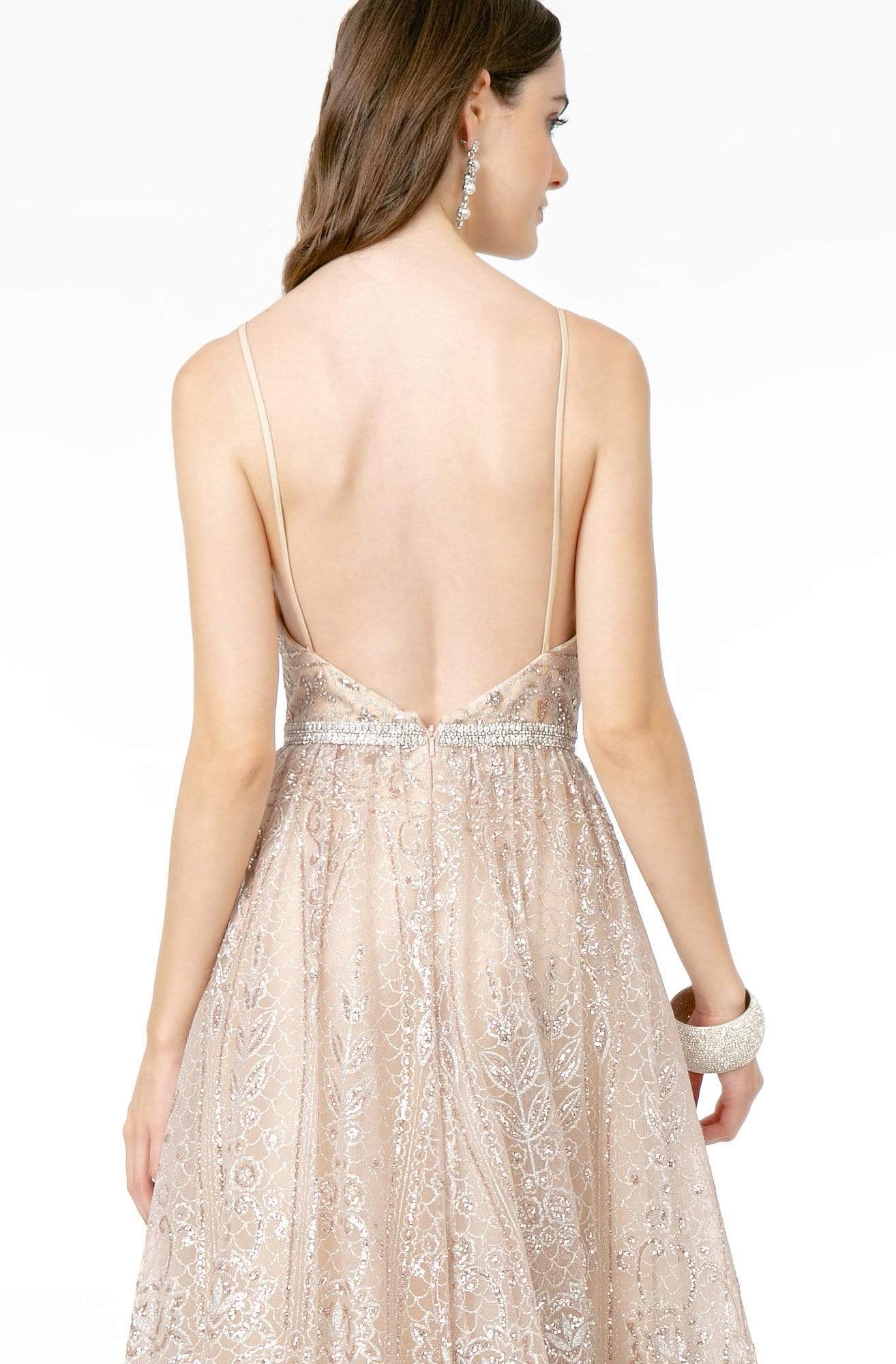 GLS by Gloria - GL2915 Deep V-Neck Glitter Mesh A-Line Dress Prom Dresses