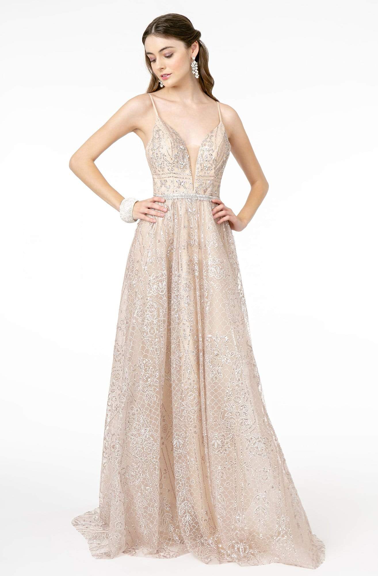 GLS by Gloria - GL2915 Deep V-Neck Glitter Mesh A-Line Dress Prom Dresses XS / Rose Gold