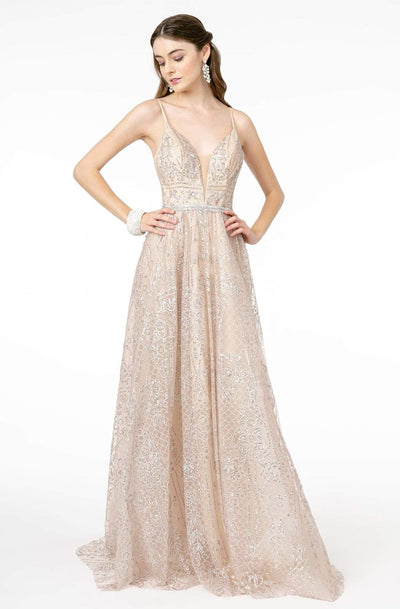 GLS by Gloria - GL2915 Deep V-Neck Glitter Mesh A-Line Dress Prom Dresses XS / Rose Gold