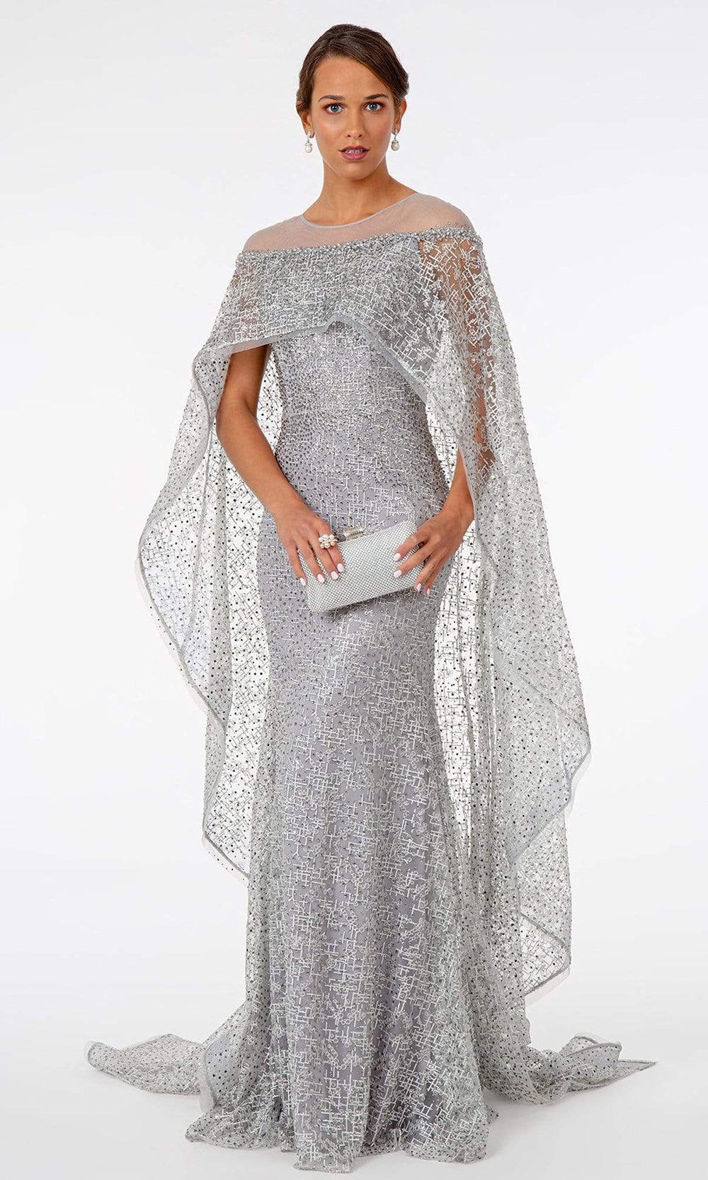 GLS by Gloria - GL2977 Illusion Neckline Lace Embellished Caped Gown - 1 pc Silver In Size 3XL Available CCSALE 3XL / Silver