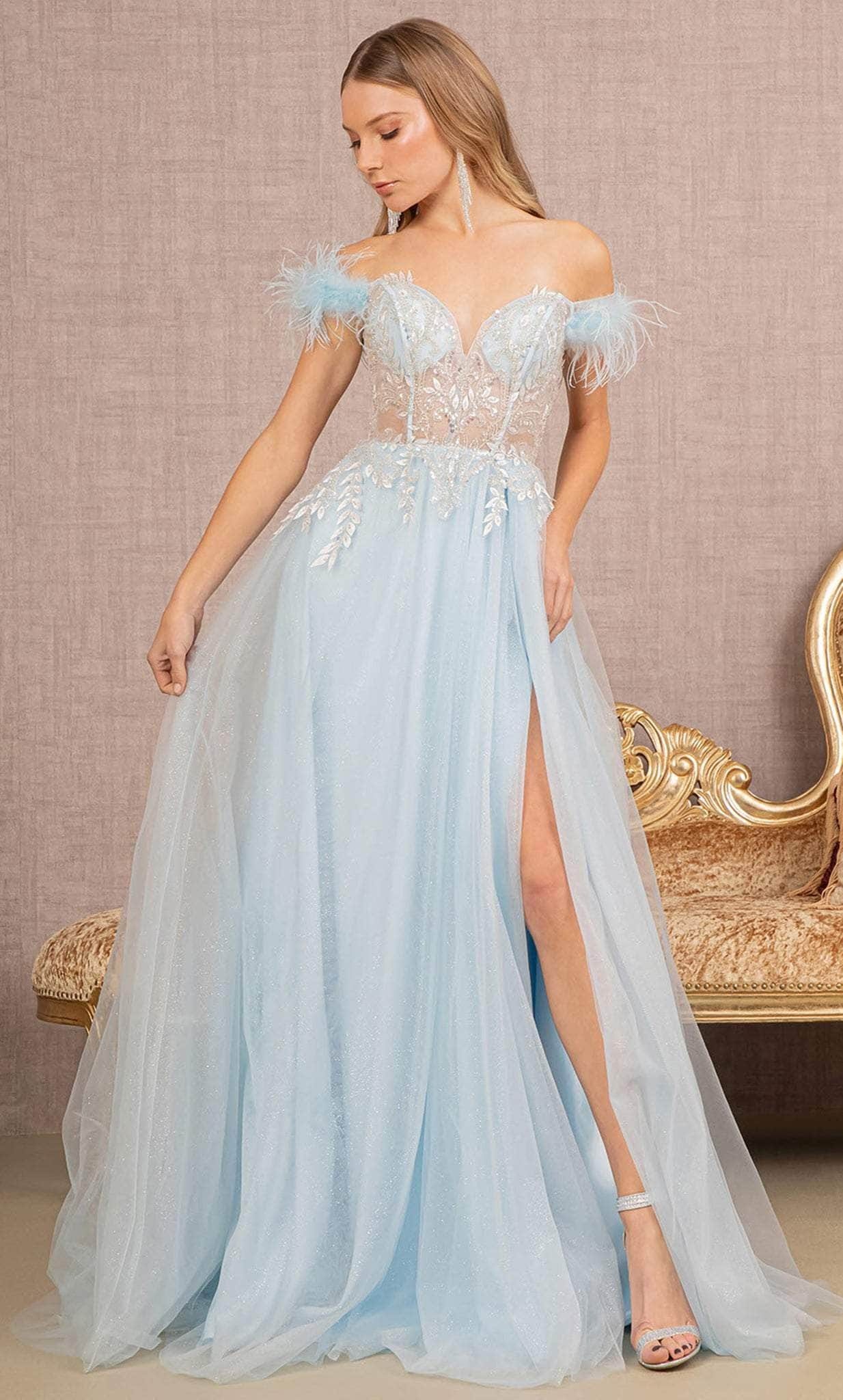 GLS by Gloria GL3135 - Feathered Off-Shoulder Ballgown Special Occasion Dress XS / Baby Blue