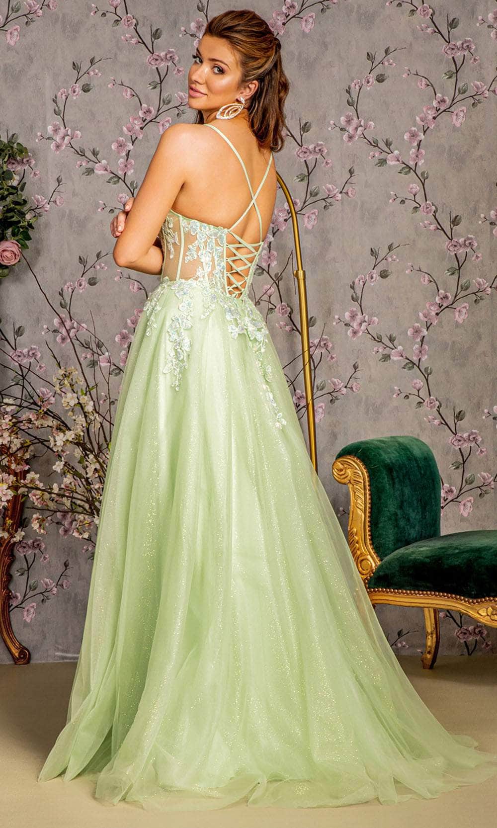Ball Gown Green Floral Prom Dress GLS By Gloria GL3212 Long Mesh A-Line Dress Sleeveless, Sheer Corset Bodice, Spaghetti Straps, Crisscross Back, Lace-Up Tie, Back Zipper Closure, Ball Gown Green Floral Prom Dress GLS By Gloria GL3212 Long Mesh A-Line Dress Sleeveless, Sheer Corset Bodice, Spaghetti Straps, Crisscross Back, Lace-Up Tie, Back Zipper Closure,