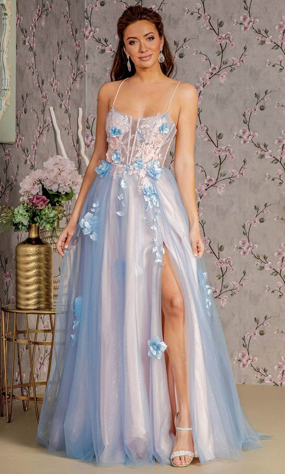 GLS by Gloria GL3250 - Scoop Neck 3D Floral Gown Prom Dresses XS / Blue/Peach