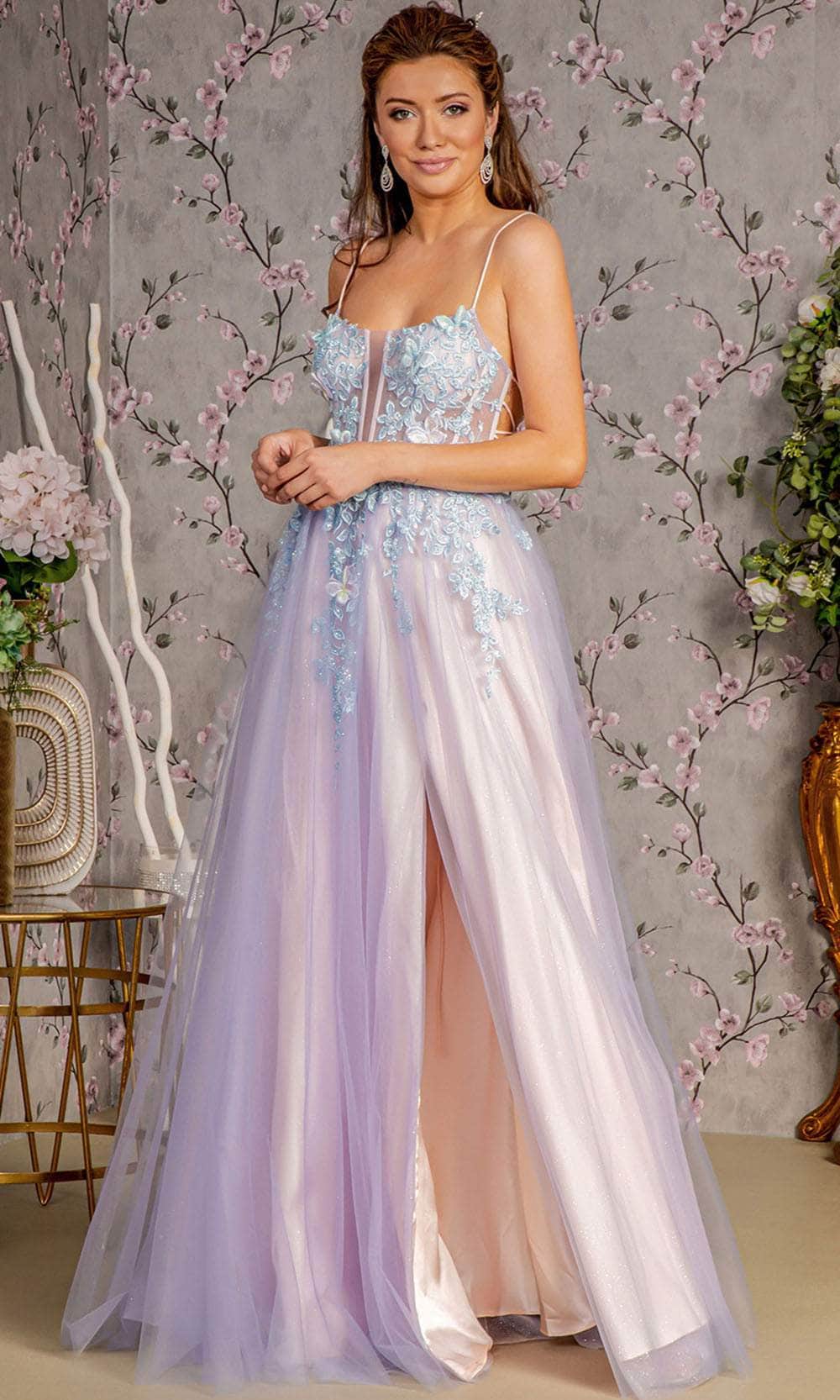 GLS by Gloria GL3252 - Sheer Corset Applique Gown Prom Dresses XS / Smoky Blue/Peach