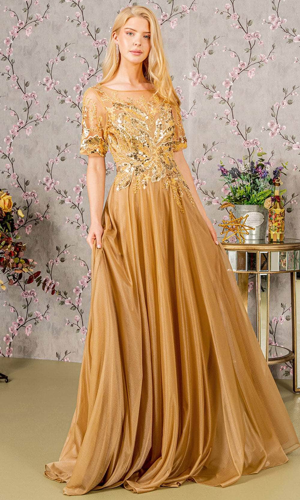 GLS by Gloria GL3444 - Long Glitter Crepe A-Line Dress - Sequin and Bead Embellishments, Illusion, Short Sleeves, Illusion Full Back, Back Zipper, Floor Length ADASA GLS by Gloria GL3444 - Long Glitter Crepe A-Line Dress - Sequin and Bead Embellishments, Illusion, Short Sleeves, Illusion Full Back, Back Zipper, Floor Length ADASA