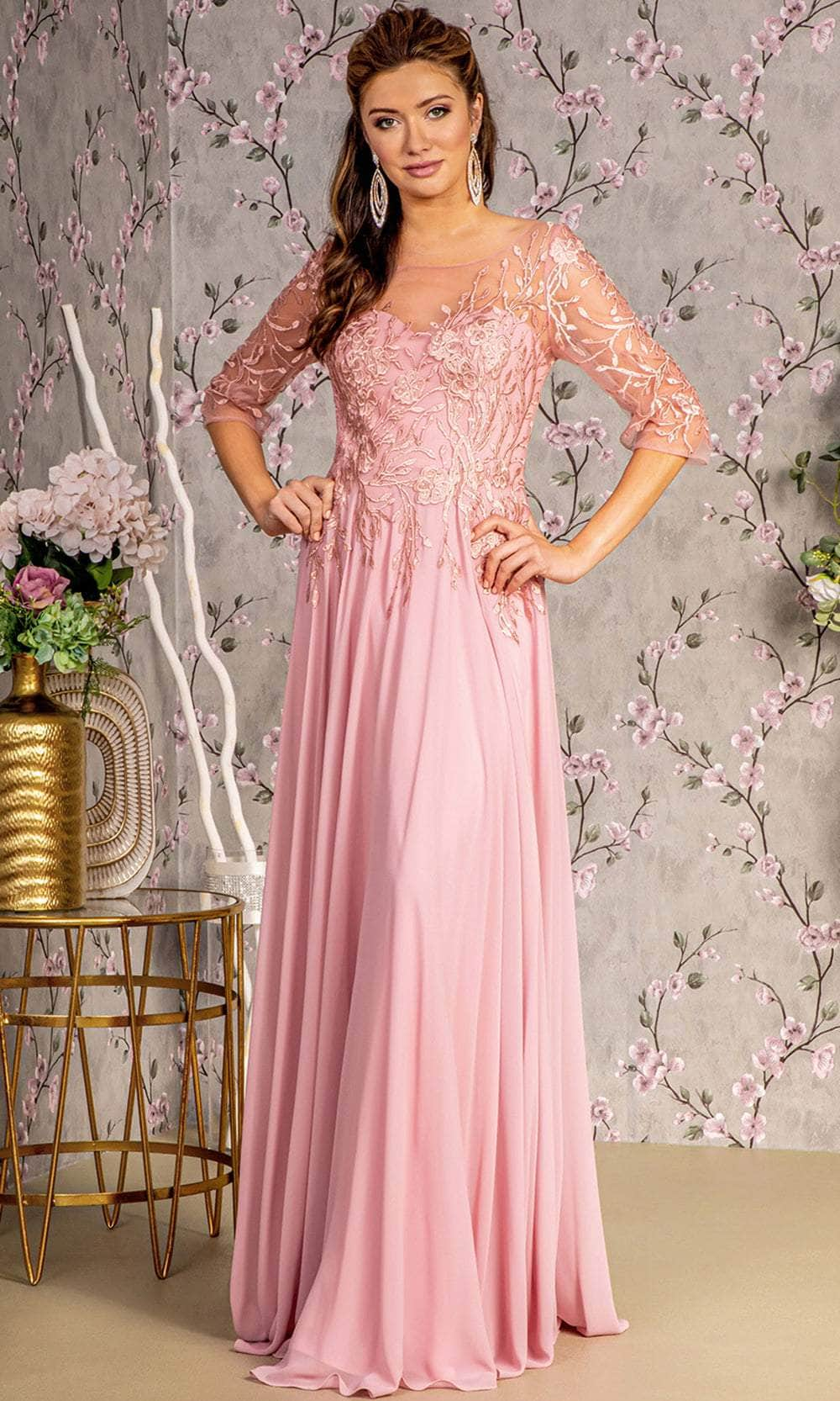 GLS by Gloria GL3445 - Embroidered Bateau Evening Dress Evening Dresses S / D /Rose