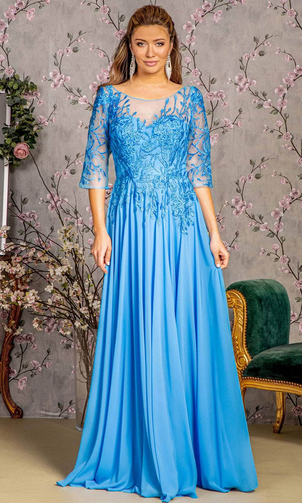 GLS by Gloria GL3445 - Embroidered Bateau Evening Dress Evening Dresses S / Perry Blue