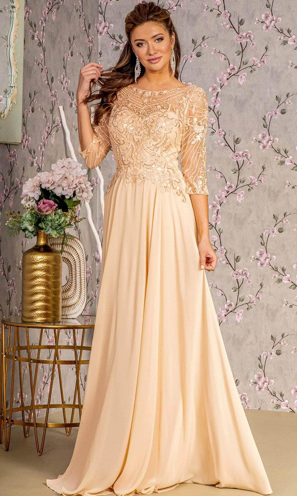 GLS by Gloria GL3446 - Illusion Bateau Sequin Formal Dress Special Occasion Dresses S / Champagne