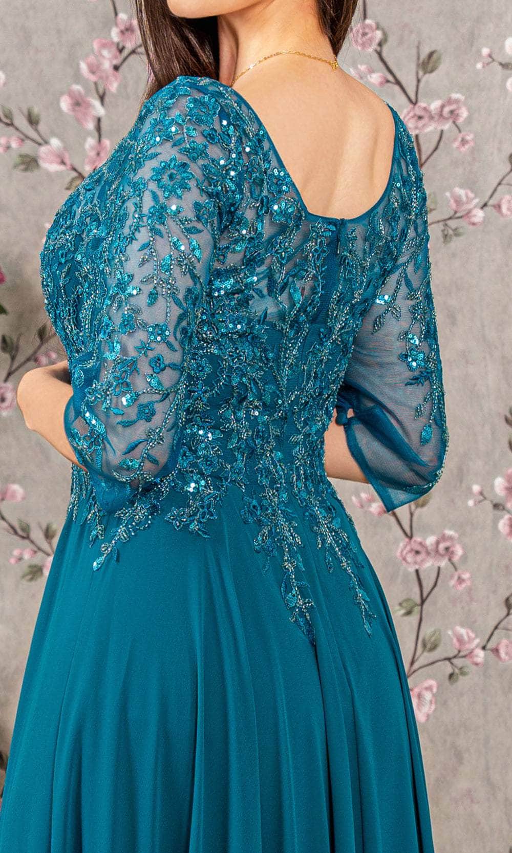 Bead Applique 3/4 Sleeve A-line Gown by GLS Gloria GL3447 - M / Teal Bead Applique 3/4 Sleeve A-line Gown by GLS Gloria GL3447 - M / Teal