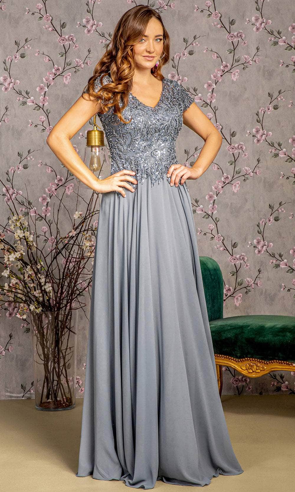 Sequin Applique Short Sleeve A-line Gown by GLS Gloria GL3450 Navy / 3XL Sequin Applique Short Sleeve A-line Gown by GLS Gloria GL3450 Navy / 3XL