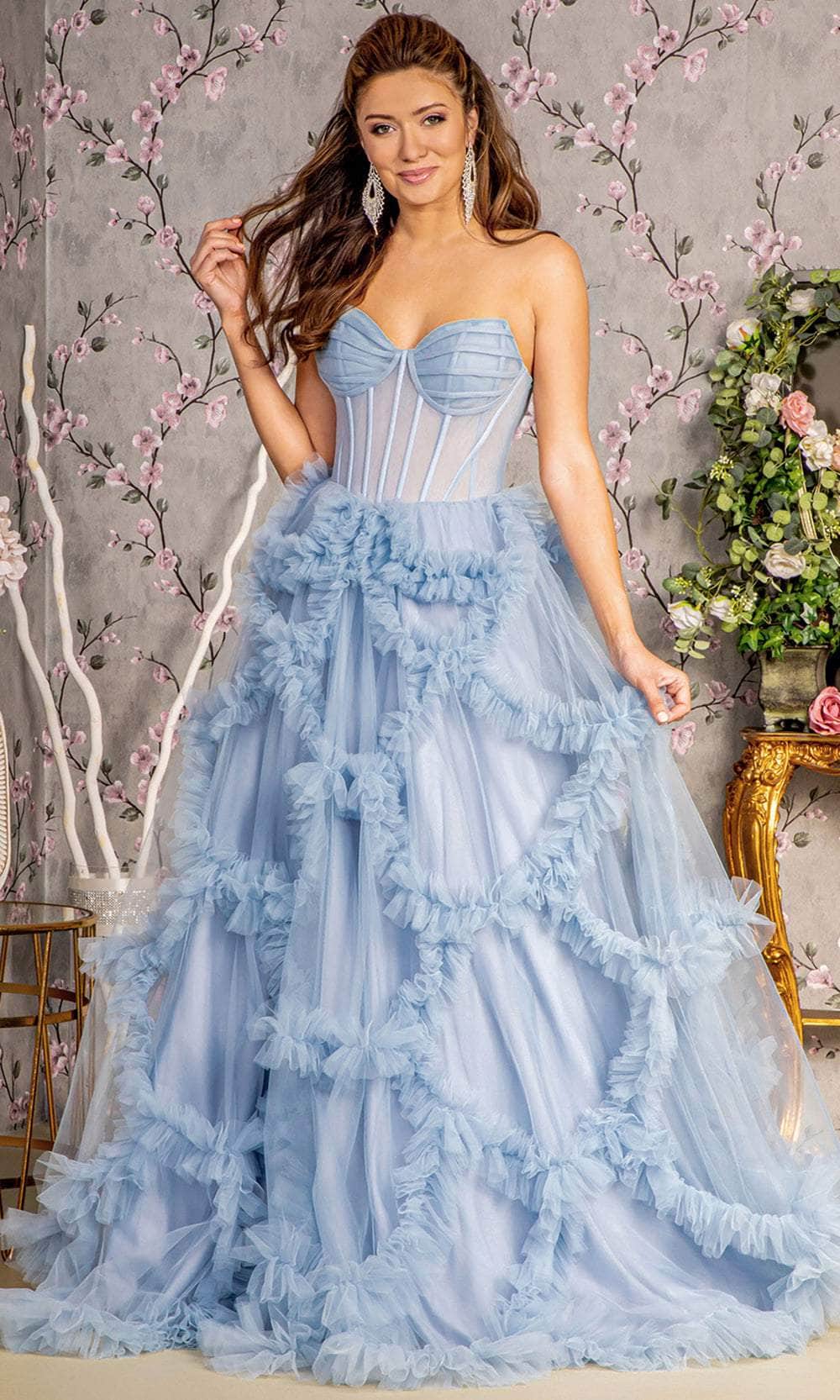 GLS by Gloria GL3455 - A-Line Ruffled Evening Dress Evening Dresses XS / Perry Blue