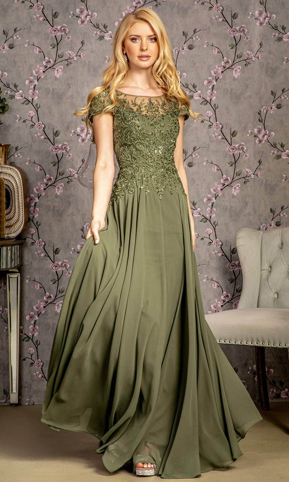 GLS by Gloria GL3491 - Embroidered Cap Sleeve Gown Prom Dresses S / Olive