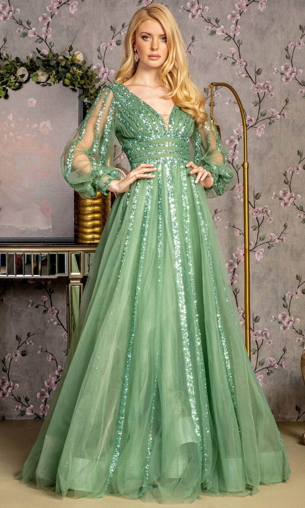 GLS by Gloria GL3495 - Long Mesh A-Line Dress - Fitted, Sheer Inset, Sequin Embellished, Long Illusion Puff Sleeves, Floor Length, V Back, Back Zipper ADASA GLS by Gloria GL3495 - Long Mesh A-Line Dress - Fitted, Sheer Inset, Sequin Embellished, Long Illusion Puff Sleeves, Floor Length, V Back, Back Zipper ADASA