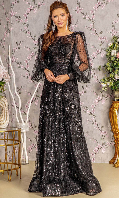 GLS by Gloria GL3497 - Sequin Puff Sleeves Evening Dress Evening Dresses S / Black