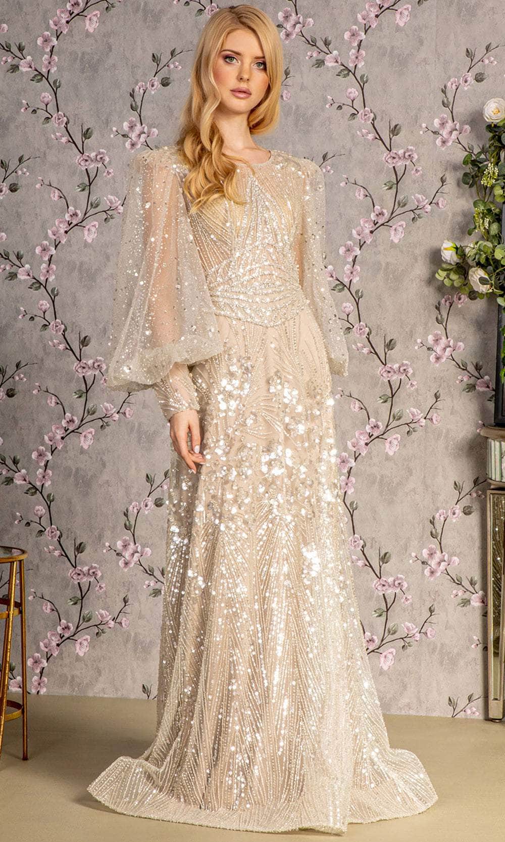 GLS by Gloria GL3497 - Long Mesh A-Line Dress - Illusion, Fitted, Sequin Embellished, Long Illusion Puff Sleeves, Illusion Full Back, Back Zipper, Floor Length ADASA GLS by Gloria GL3497 - Long Mesh A-Line Dress - Illusion, Fitted, Sequin Embellished, Long Illusion Puff Sleeves, Illusion Full Back, Back Zipper, Floor Length ADASA