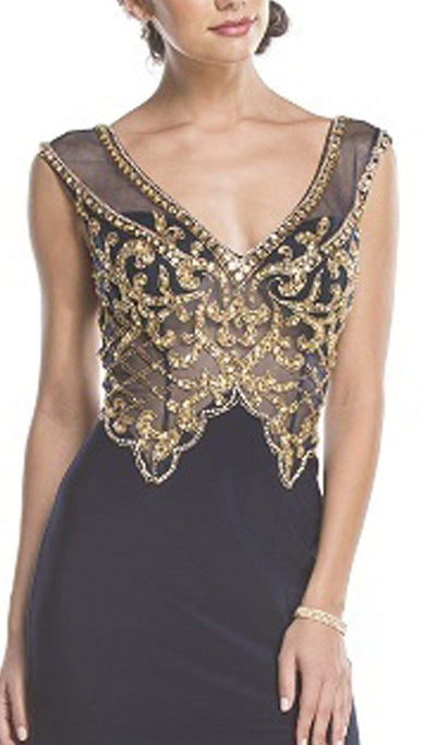 Gold Embellished Evening Dress with Slit Evening Dressses