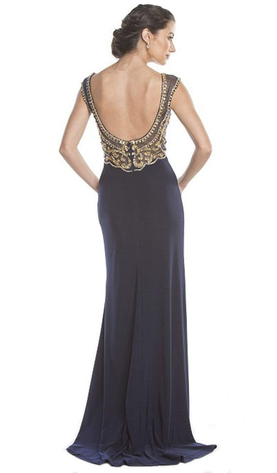 Gold Embellished Evening Dress with Slit Evening Dressses