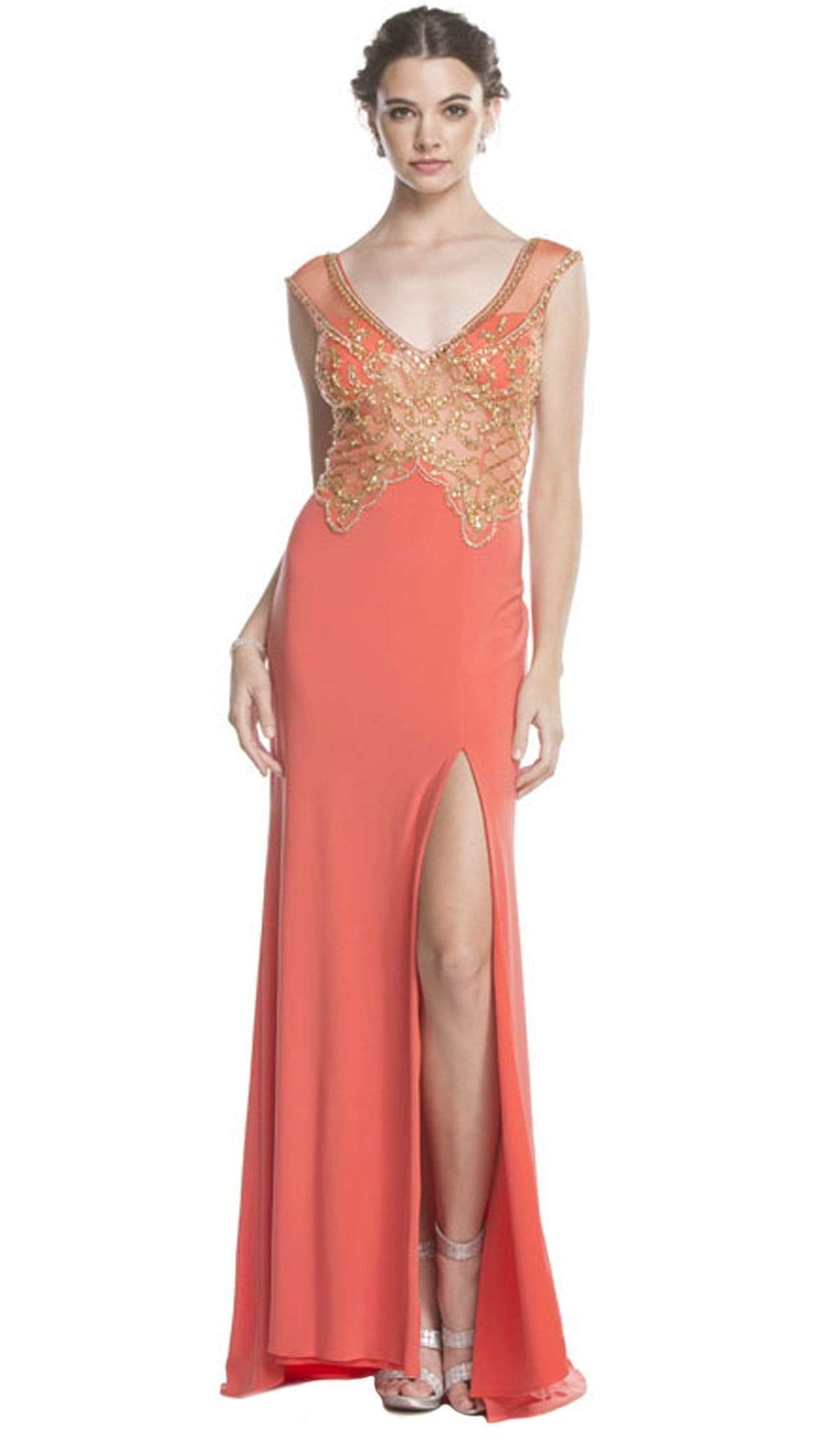 Gold Embellished Evening Dress with Slit Evening Dressses XXS / Coral-Gold